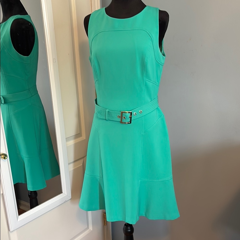 Elegant Mint Green Sleeveless Fit and Flate Belted Dress by WHBM